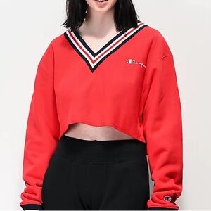 Champion Reverse Weave Red Cropped V-Neck Sweatshirt
